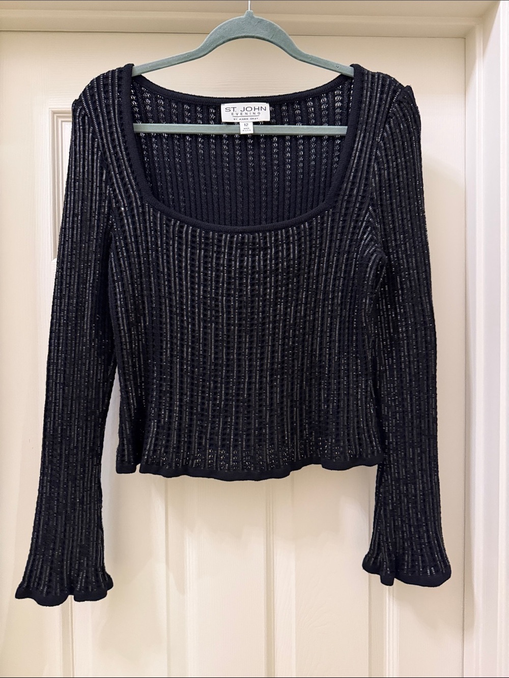 St. John Black Ribbed Scoop Neck Long Sleeve Top with Metallic Thread